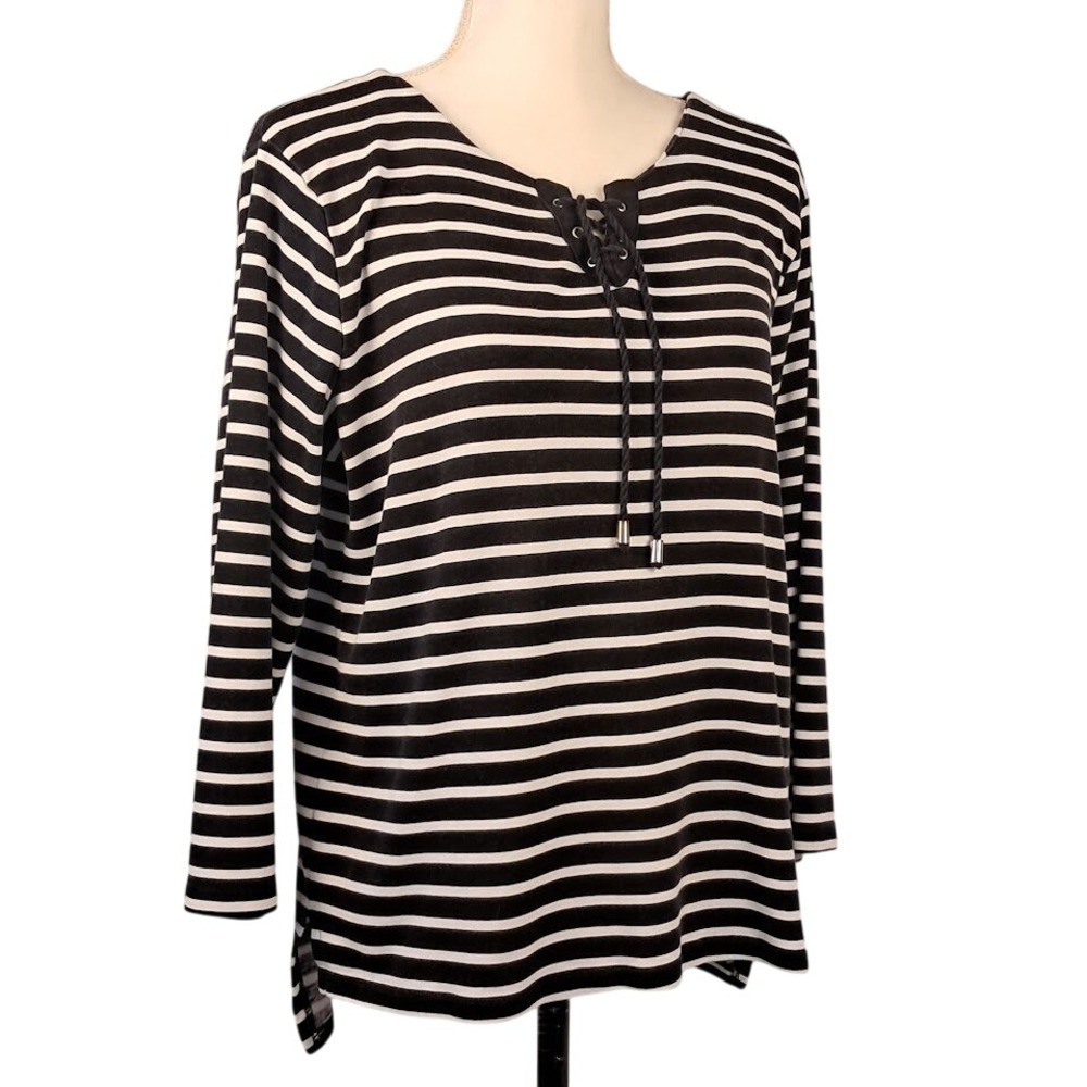RAFAELLA L Cotton 3/4 Sleeve Black White Stripe Tee‎ Top Lace Up High-Low Hem